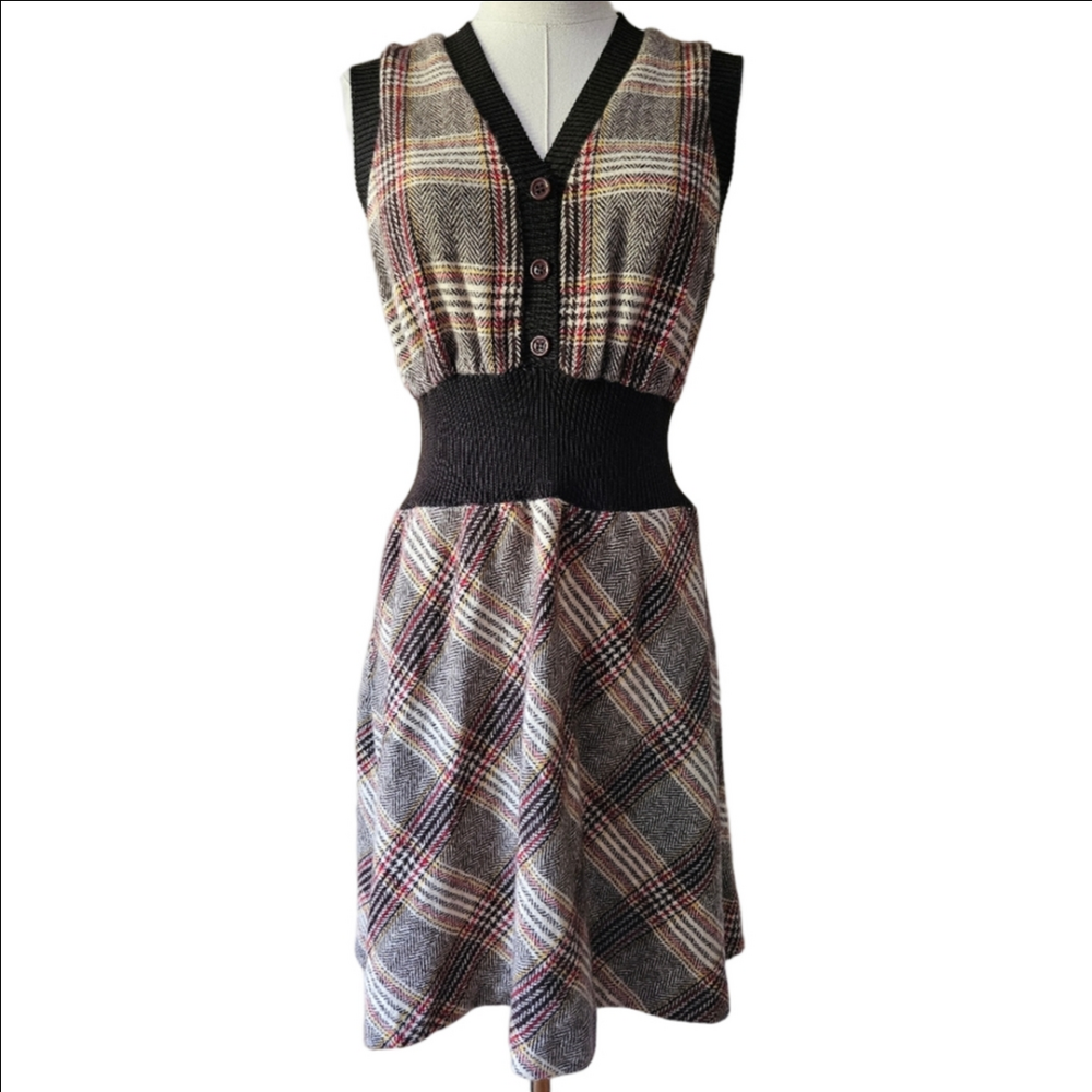 Vintage Brown Plaid Sweater Mini Dress Cinched Waist Pullover - Picture 2 of 8